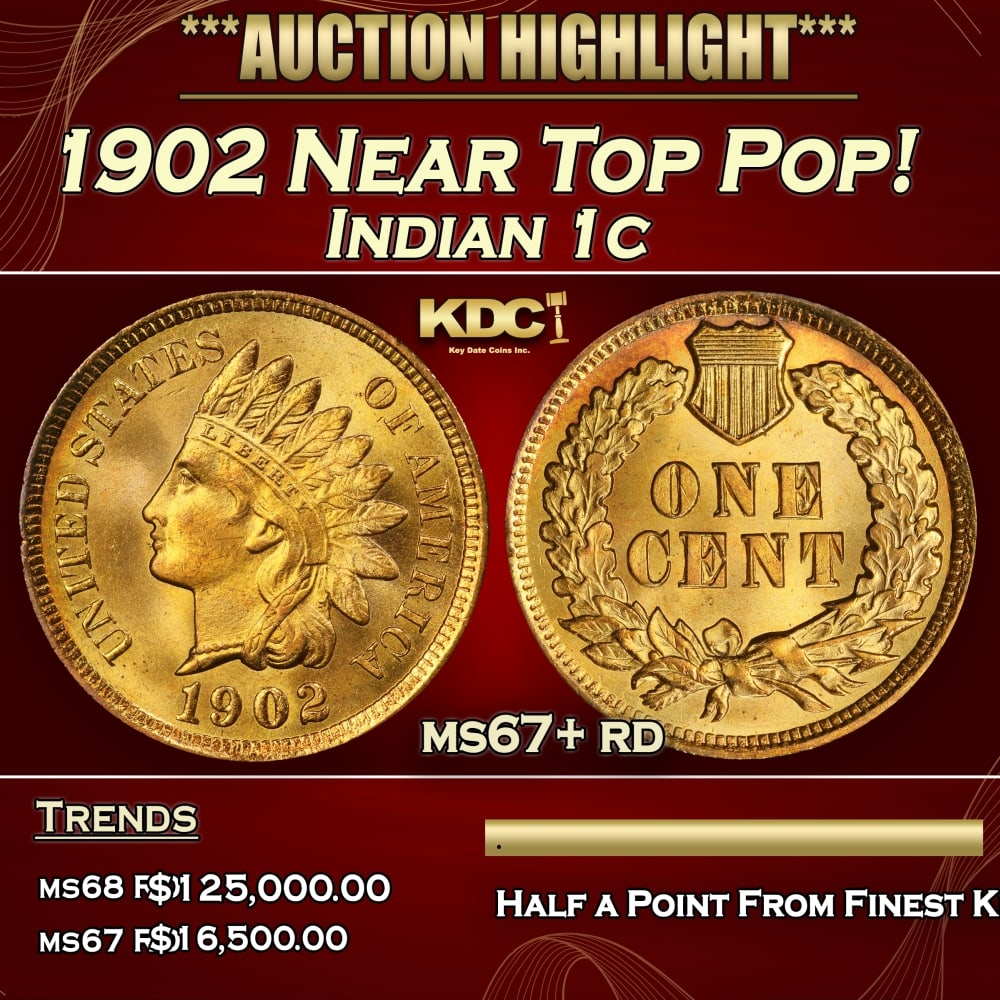 1902 Indian Cent Near Top Pop! 1c ms67+ rd SEGS: 1902 Near Top Pop! Indian Cent 1c ms67+ rd SEGS. 0 Historic precious metal trends is causing increased spot pricing by the day. On auctions with set openings, we are doing our best to have items price