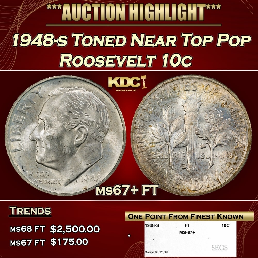 1948-s Roosevelt Dime Toned Near Top Pop 10c ms67+ FT SEGS (1 of 4)