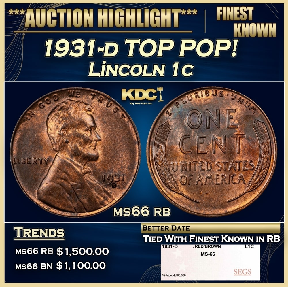 1931-d Lincoln Cent TOP POP! 1c ms66 rb SEGS: 1931-d TOP POP! Lincoln Cent 1c ms66 rb SEGS. 0 Historic precious metal trends is causing increased spot pricing by the day. On auctions with set openings, we are doing our best to have items priced a