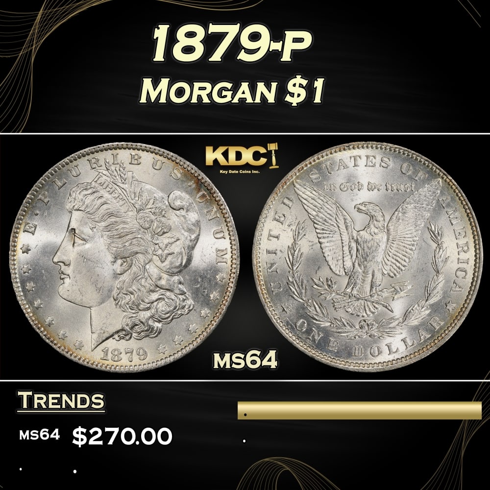 1879-p Morgan Dollar $1 Grades ms64: 1879-p Morgan Dollar $1 Grades ms64. Historic precious metal trends is causing increased spot pricing by the day. On auctions with set openings, we are doing our best to have items priced at their mar