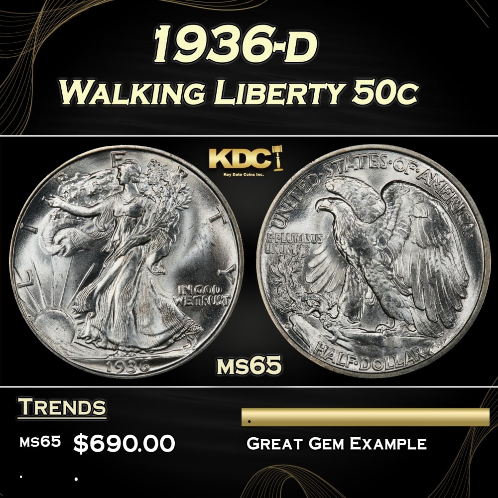 1936-d Walking Liberty Half Dollar 50c Grades ms65: 1936-d Walking Liberty Half Dollar 50c Grades ms65. 0 Historic precious metal trends is causing increased spot pricing by the day. On auctions with set openings, we are doing our best to have items pr