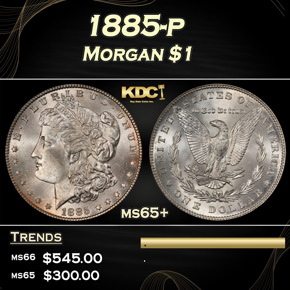 1885-p Morgan Dollar $1 Grades ms65+: 1885-p Morgan Dollar $1 Grades ms65+. 0 Historic precious metal trends is causing increased spot pricing by the day. On auctions with set openings, we are doing our best to have items priced at their