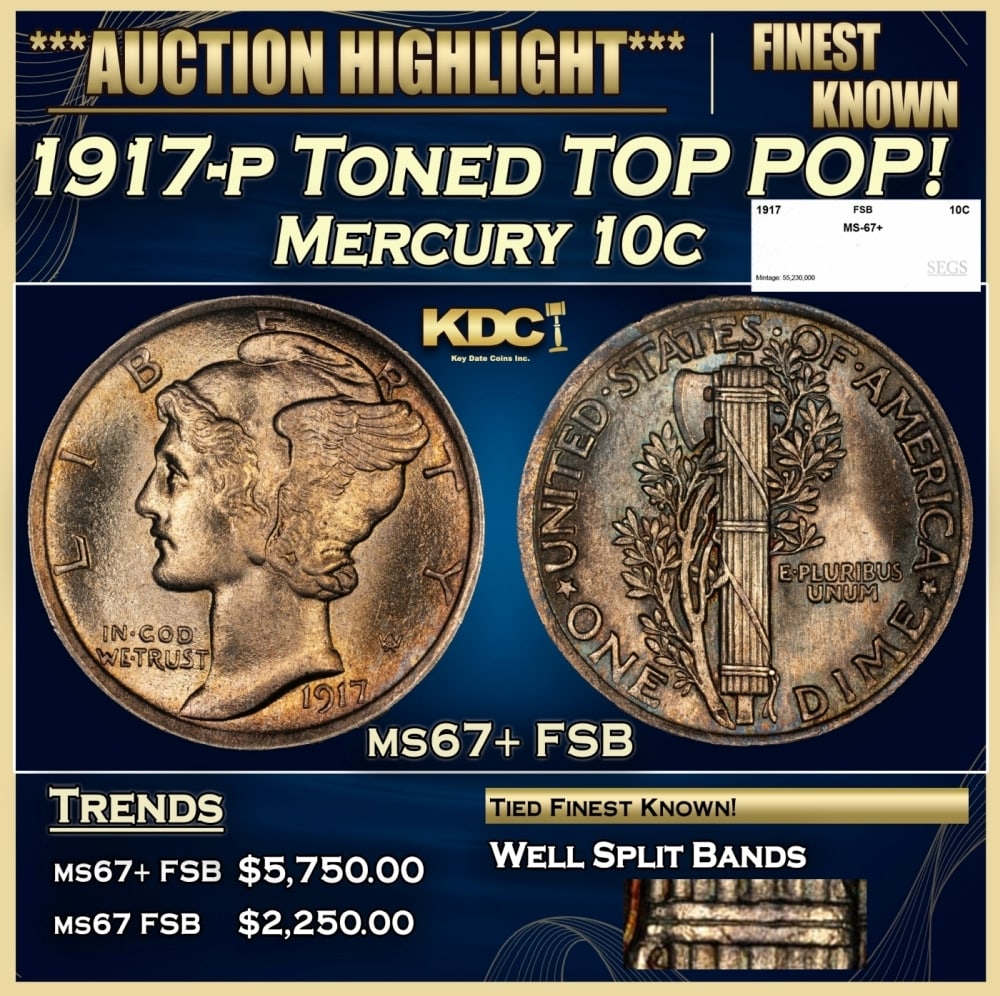 1917-p Mercury Dime Toned TOP POP! 10c ms67+ FSB SEGS: 1917-p Toned TOP POP! Mercury Dime 10c ms67+ FSB SEGS. 0 Historic precious metal trends is causing increased spot pricing by the day. On auctions with set openings, we are doing our best to have items