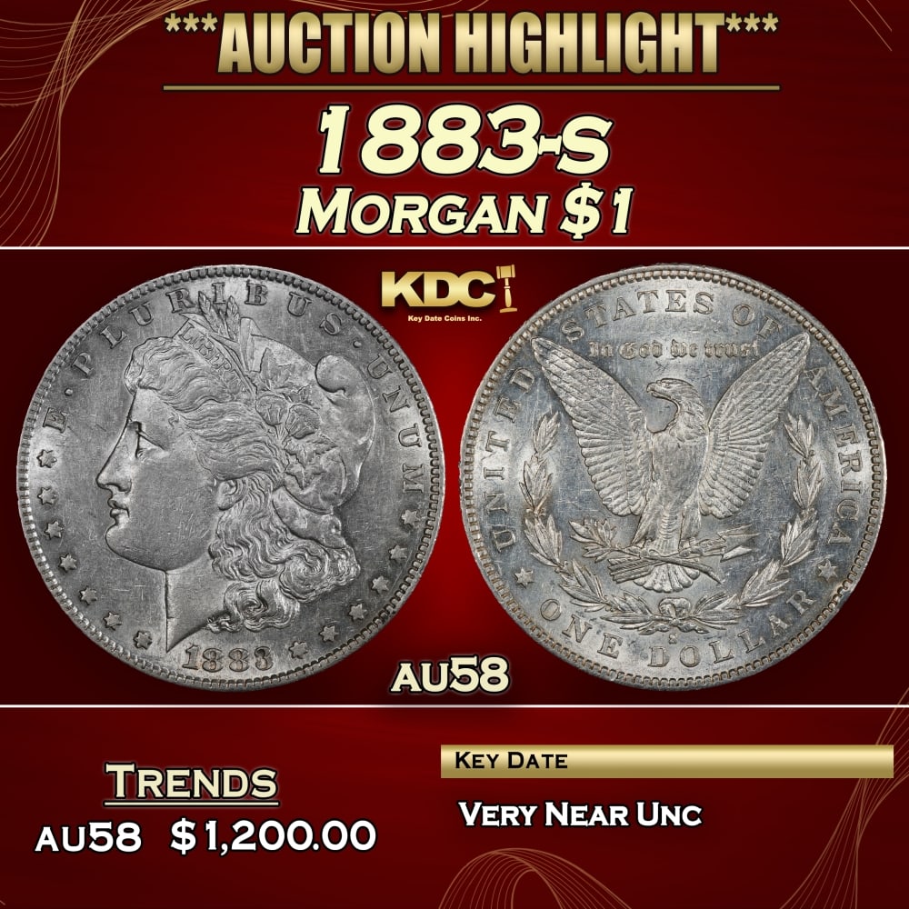 1883-s Morgan Dollar $1 au58 SEGS: 1883-s Morgan Dollar $1 au58 SEGS. 0 Historic precious metal trends is causing increased spot pricing by the day. On auctions with set openings, we are doing our best to have items priced at their mar
