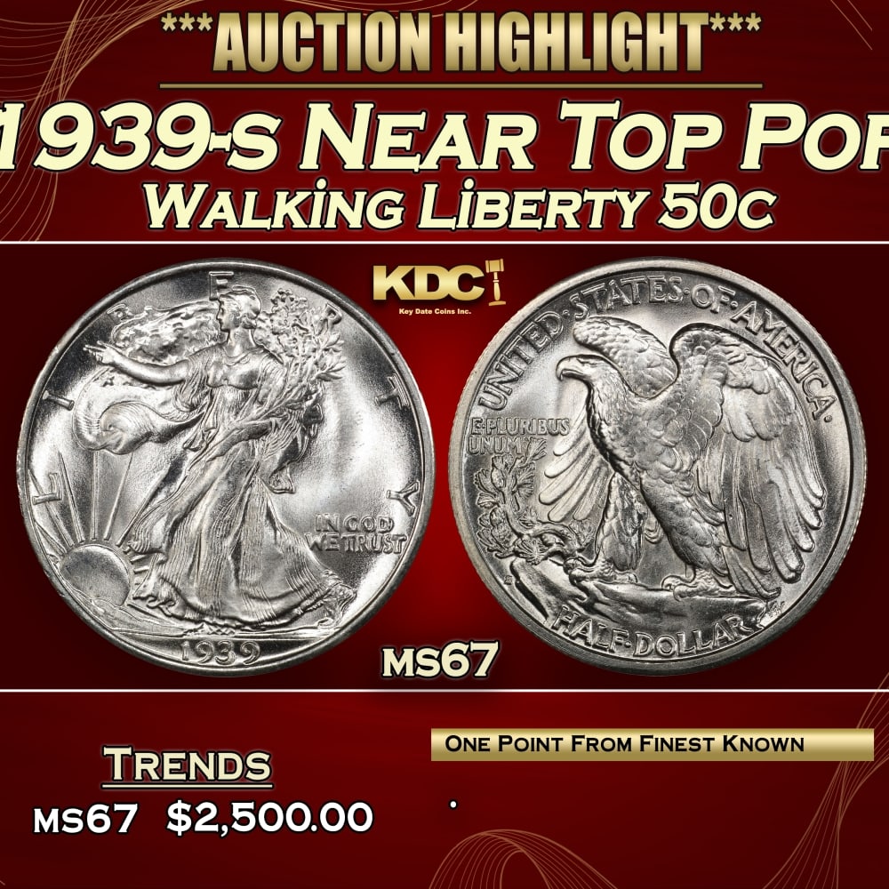 1939-s Walking Liberty Half Dollar Near Top Pop 50c ms67 SEGS: 1939-s Near Top Pop Walking Liberty Half Dollar 50c ms67 SEGS. 0 Historic precious metal trends is causing increased spot pricing by the day. On auctions with set openings, we are doing our best to ha