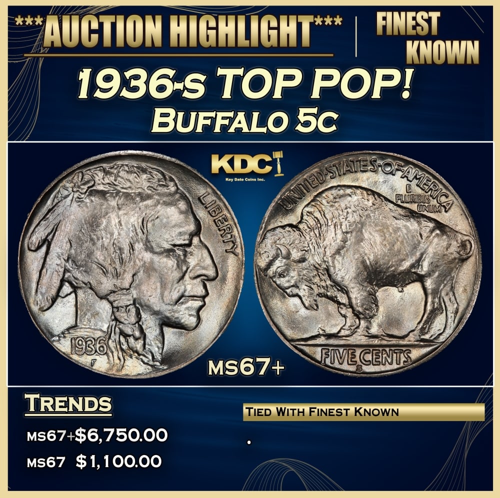 1936-s Buffalo Nickel TOP POP! 5c ms67+ SEGS: 1936-s TOP POP! Buffalo Nickel 5c ms67+ SEGS. 0 Historic precious metal trends is causing increased spot pricing by the day. On auctions with set openings, we are doing our best to have items priced a