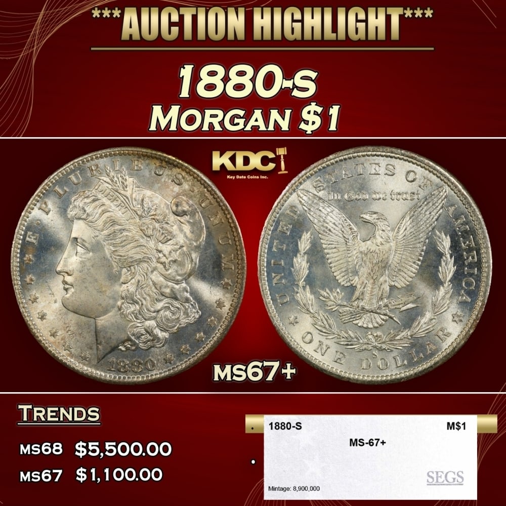 1880-s Morgan Dollar $1 ms67+ SEGS: 1880-s Morgan Dollar $1 ms67+ SEGS. 0 Historic precious metal trends is causing increased spot pricing by the day. On auctions with set openings, we are doing our best to have items priced at their ma