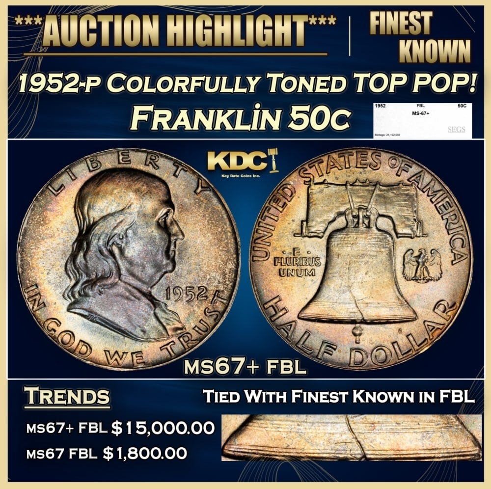 1952-p Franklin Half Dollar Colorfully Toned TOP POP! 50c ms67+ fbl SEGS: 1952-p Colorfully Toned TOP POP! Franklin Half Dollar 50c ms67+ fbl SEGS. 0 Historic precious metal trends is causing increased spot pricing by the day. On auctions with set openings, we are doing our