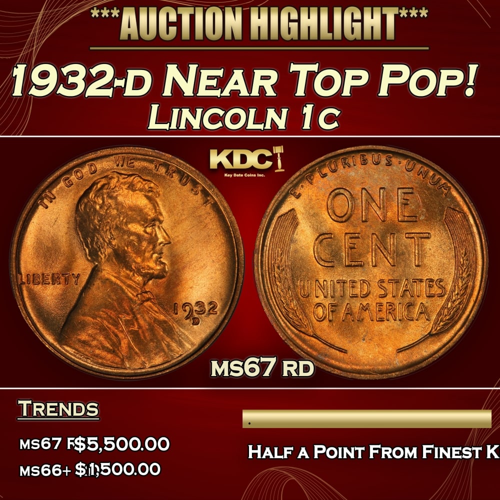 1932-d Lincoln Cent Near Top Pop! 1c ms67 rd SEGS: 1932-d Near Top Pop! Lincoln Cent 1c ms67 rd SEGS. 0 Historic precious metal trends is causing increased spot pricing by the day. On auctions with set openings, we are doing our best to have items pri
