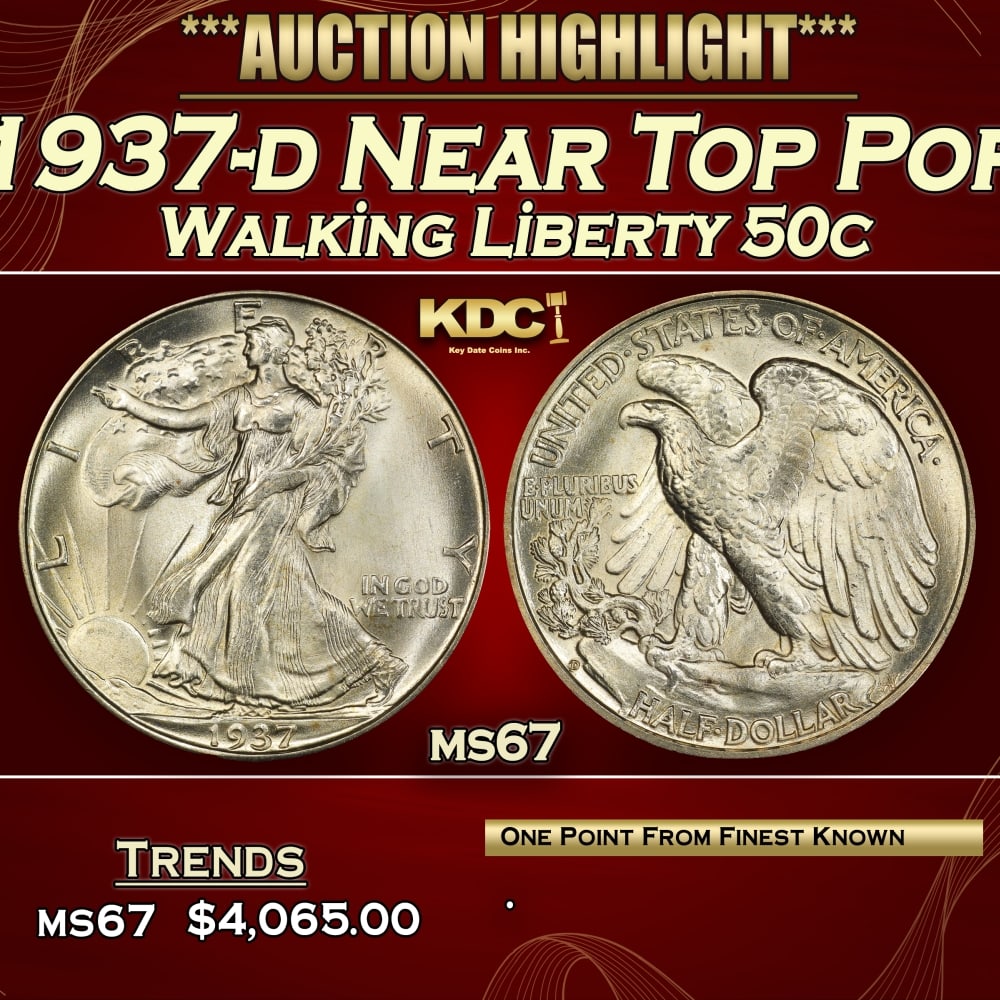 1937-d Walking Liberty Half Dollar Near Top Pop 50c ms67 SEGS: 1937-d Near Top Pop Walking Liberty Half Dollar 50c ms67 SEGS. 0 Historic precious metal trends is causing increased spot pricing by the day. On auctions with set openings, we are doing our best to ha