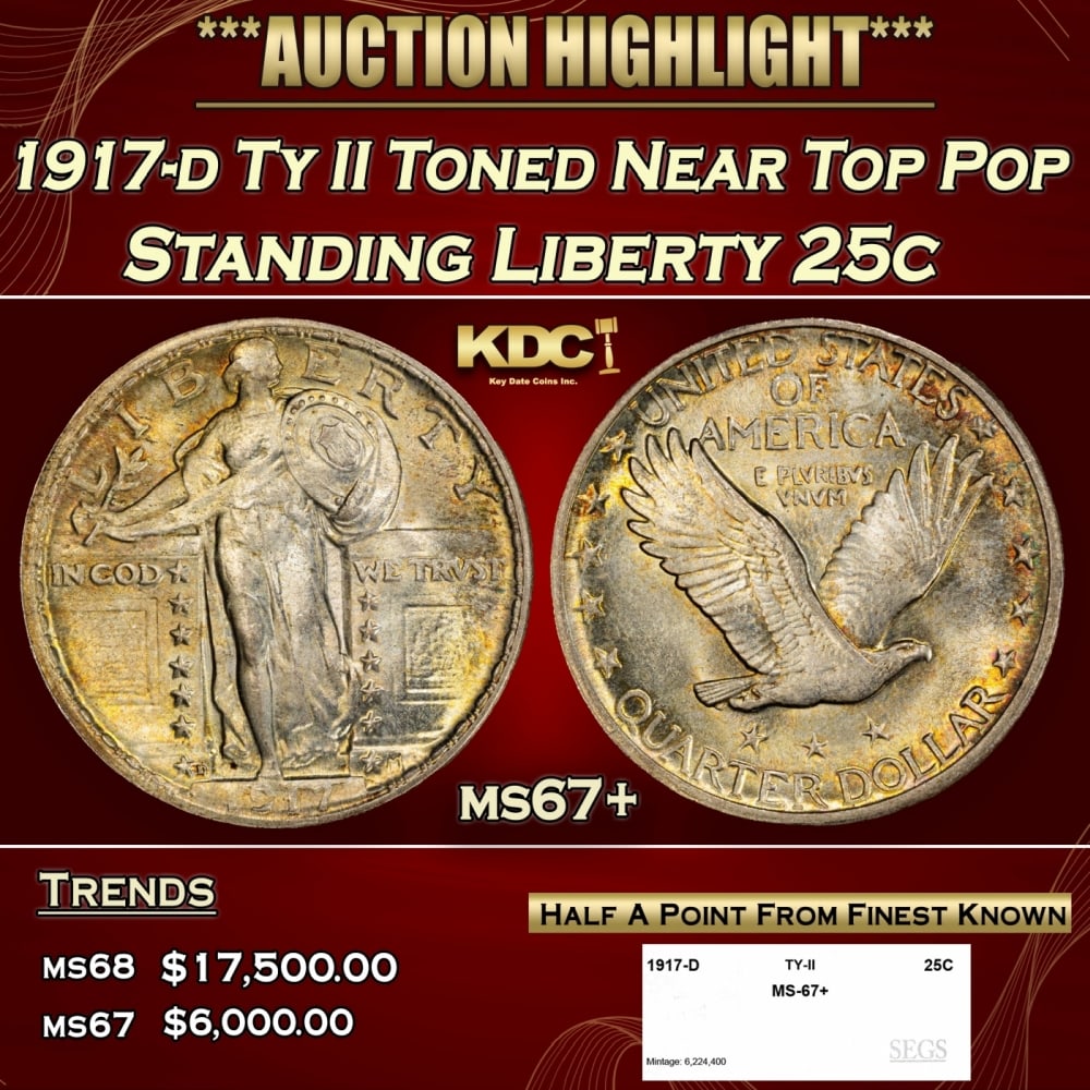 1917-d Ty II Standing Liberty Quarter Toned Near Top Pop 25c ms67+ SEGS: 1917-d Ty II Toned Near Top Pop Standing Liberty Quarter 25c ms67+ SEGS. Historic precious metal trends is causing increased spot pricing by the day. On auctions with set openings, we are doing our be