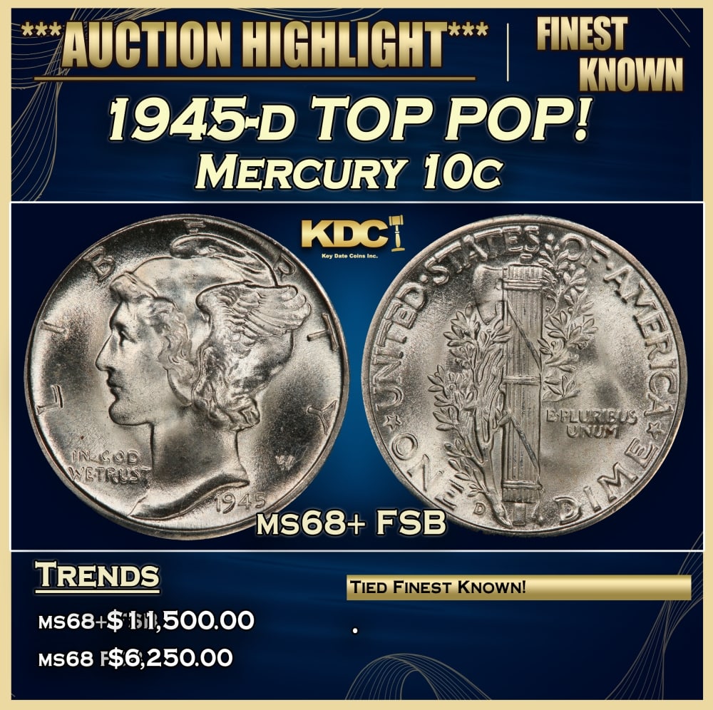 1945-d Mercury Dime TOP POP! 10c ms68+ FSB SEGS: 1945-d TOP POP! Mercury Dime 10c ms68+ FSB SEGS. 0 Historic precious metal trends is causing increased spot pricing by the day. On auctions with set openings, we are doing our best to have items price