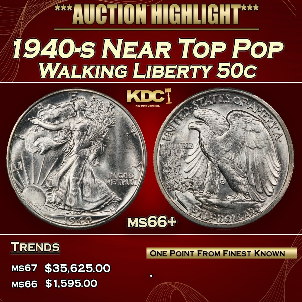 1940-s Walking Liberty Half Dollar Near Top Pop 50c ms66+ SEGS: 1940-s Near Top Pop Walking Liberty Half Dollar 50c ms66+ SEGS. 0 Historic precious metal trends is causing increased spot pricing by the day. On auctions with set openings, we are doing our best to h