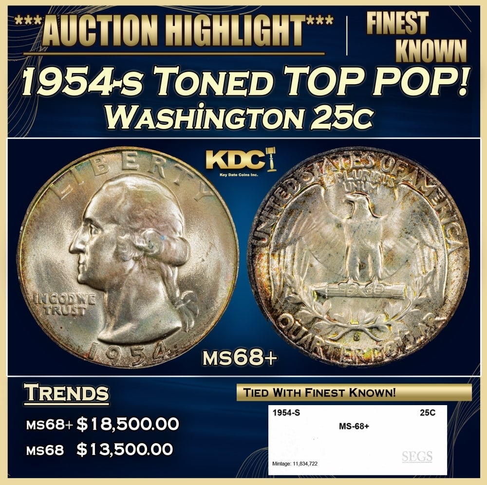 1954-s Washington Quarter Toned TOP POP! 25c ms68+ SEGS: 1954-s Toned TOP POP! Washington Quarter 25c ms68+ SEGS. 0 Historic precious metal trends is causing increased spot pricing by the day. On auctions with set openings, we are doing our best to have ite