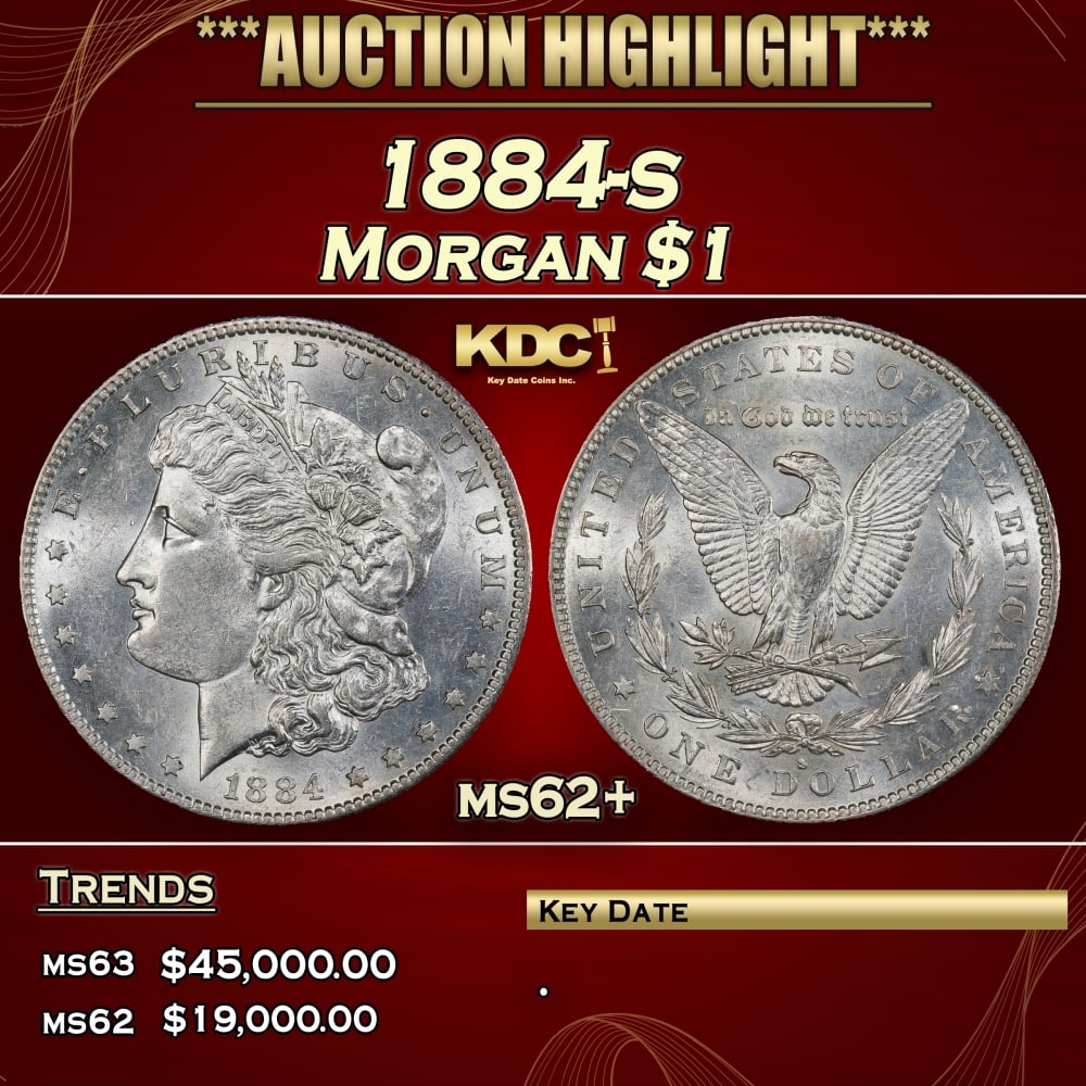 1884-s Morgan Dollar $1 ms62+ USCG: 1884-s Morgan Dollar $1 ms62+ USCG. 0 Historic precious metal trends is causing increased spot pricing by the day. On auctions with set openings, we are doing our best to have items priced at their ma