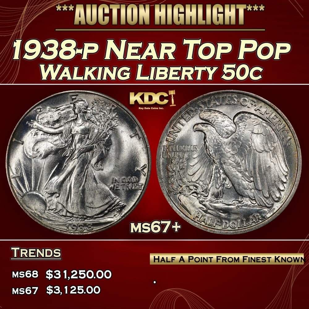 1938-p Walking Liberty Half Dollar Near Top Pop 50c ms67+ SEGS: 1938-p Near Top Pop Walking Liberty Half Dollar 50c ms67+ SEGS. 0 Historic precious metal trends is causing increased spot pricing by the day. On auctions with set openings, we are doing our best to h