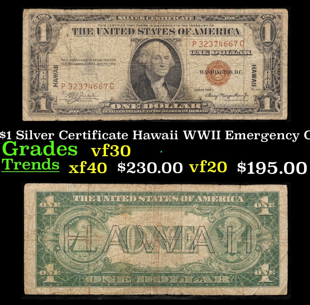 1935A $1 Silver Certificate Hawaii WWII Emergency Currency Grades vf++: 1935A $1 Silver Certificate Hawaii WWII Emergency Currency Grades vf++. FR-2300 Signatures of Julian & Morgenthau WWII Emergency Currency. It was the darkest days of World War II, just after Pearl Har