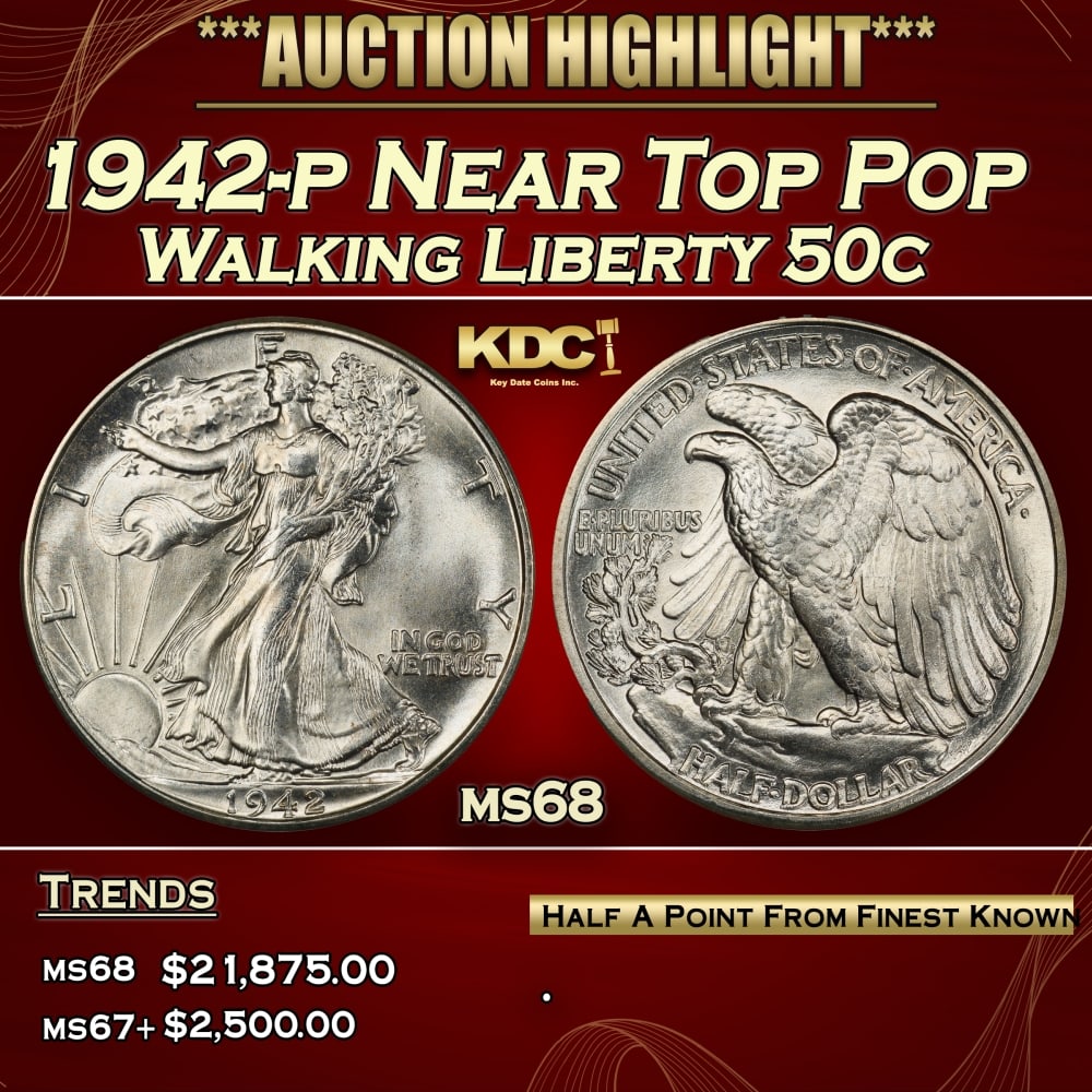 1942-p Walking Liberty Half Dollar Near Top Pop 50c ms68 SEGS: 1942-p Near Top Pop Walking Liberty Half Dollar 50c ms68 SEGS. 0 Historic precious metal trends is causing increased spot pricing by the day. On auctions with set openings, we are doing our best to ha