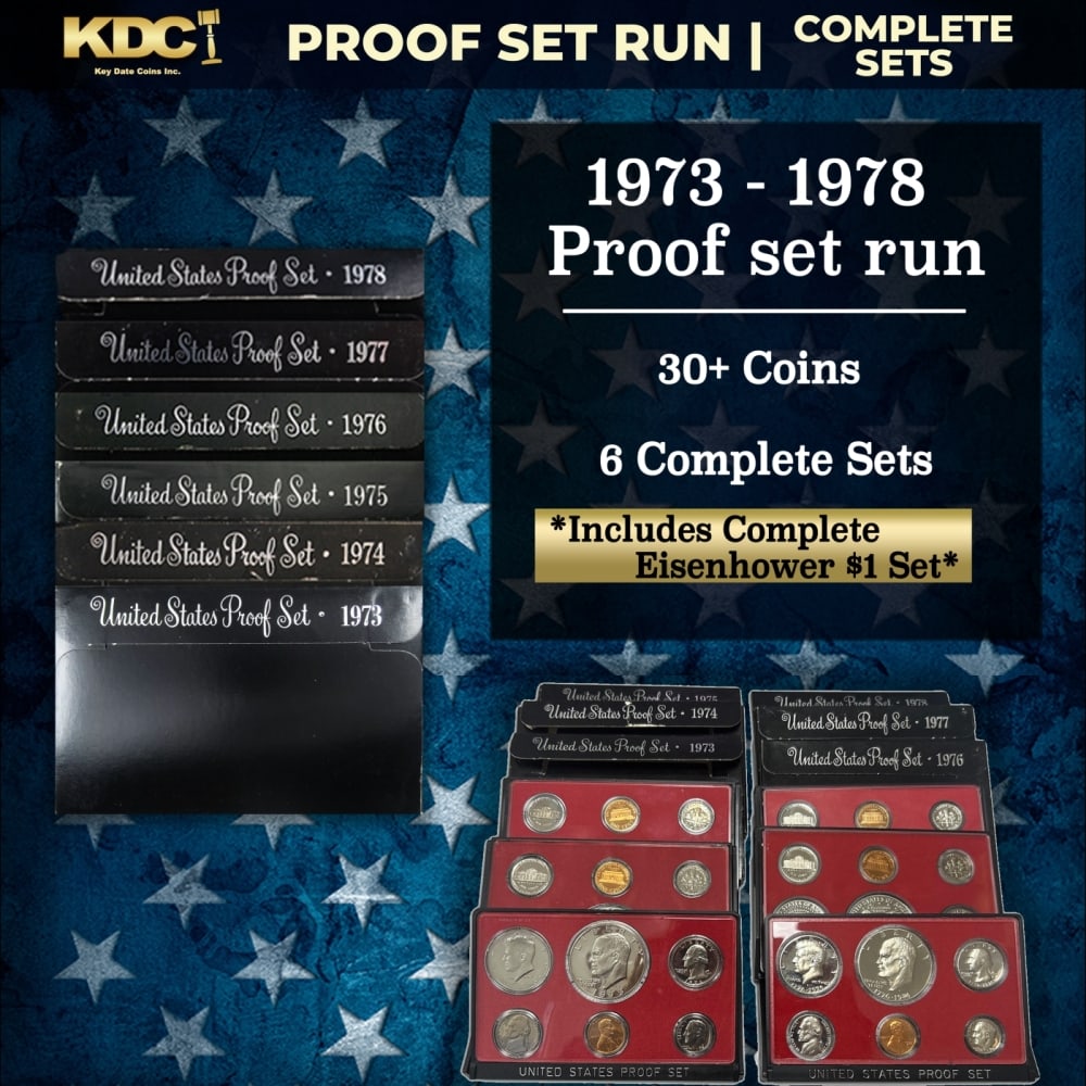 1973-1978 Proof Set Run 36 Coins 6 Complete Sets Complete Ike Set: 1973-1978 Proof Set Run 36 Coins 6 Complete Sets Complete Ike Set. Historic precious metal trends is causing increased spot pricing by the day. On auctions with set openings, we are doing our best to