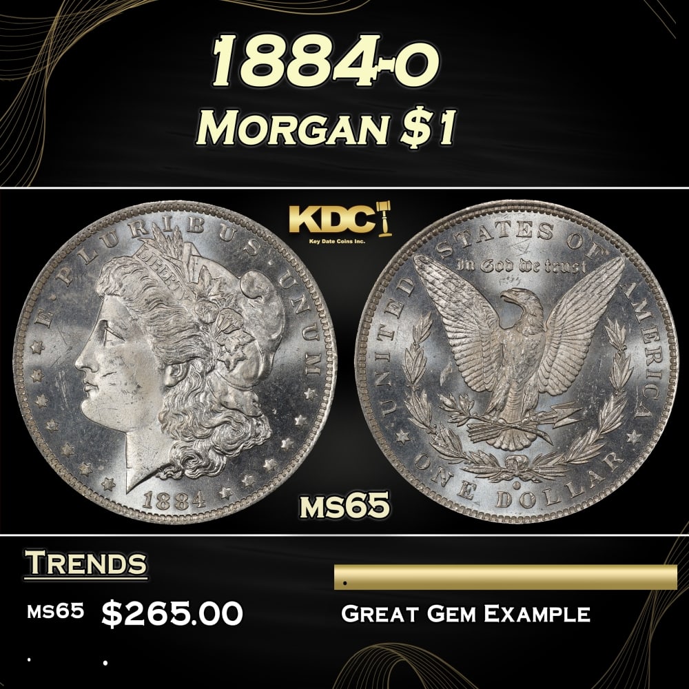 1884-o Morgan Dollar $1 Grades ms65: 1884-o Morgan Dollar $1 Grades ms65. Historic precious metal trends is causing increased spot pricing by the day. On auctions with set openings, we are doing our best to have items priced at their mar