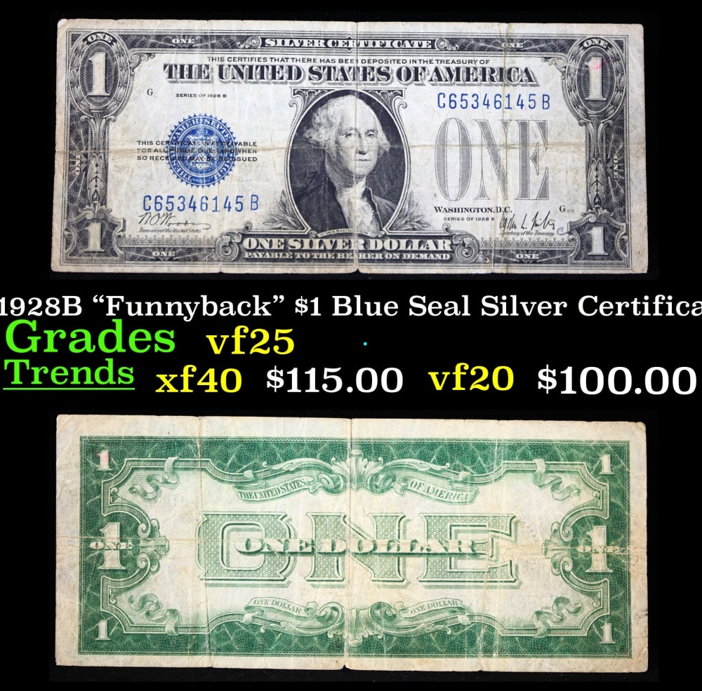 1928B $1 Blue Seal Silver Certificate "Funnyback" Grades vf+: 1928B $1 Blue Seal Silver Certificate "Funnyback" Grades vf+. FR-1602 Signatures Woods-Mills These were the first notes to be called funnybacks. The reason they are called funnybacks is because of the