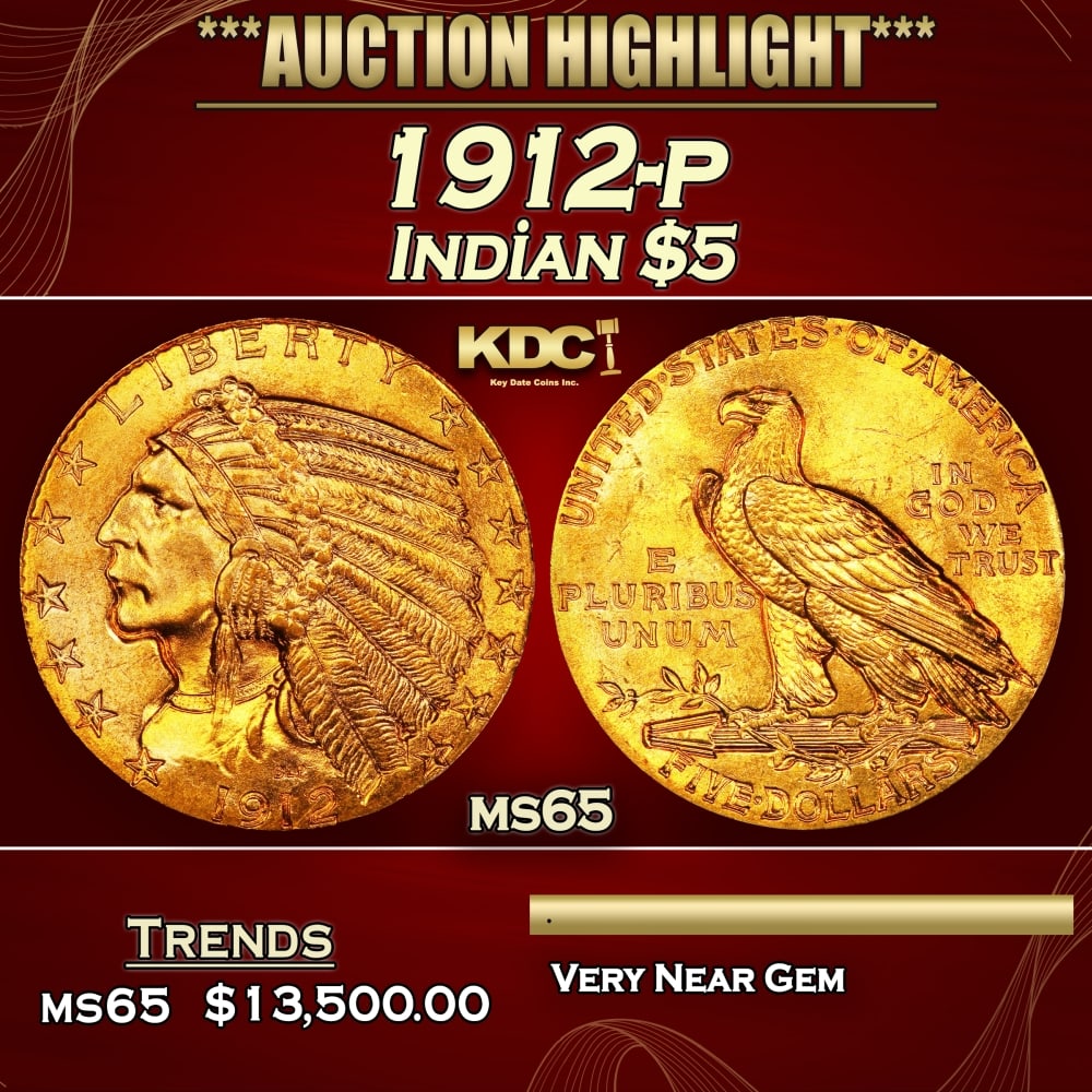 1912-p Gold Indian Half Eagle $5 ms64+ USCG: 1912-p Gold Indian Half Eagle $5 ms64+ USCG. Historic precious metal trends is causing increased spot pricing by the day. On auctions with set openings, we are doing our best to have items priced at t