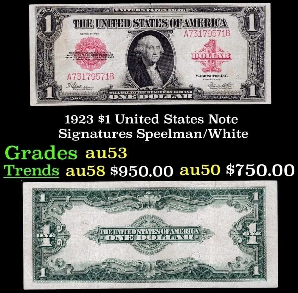 1923 $1 United States Note Grades Select AU Signatures Speelman/White: 1923 $1 United States Note Grades Select AU Signatures Speelman/White. Signatures of Speelman and White. The last of the large-sized U.S. $1 notes! Take a dollar bill out of your wallet and give it a