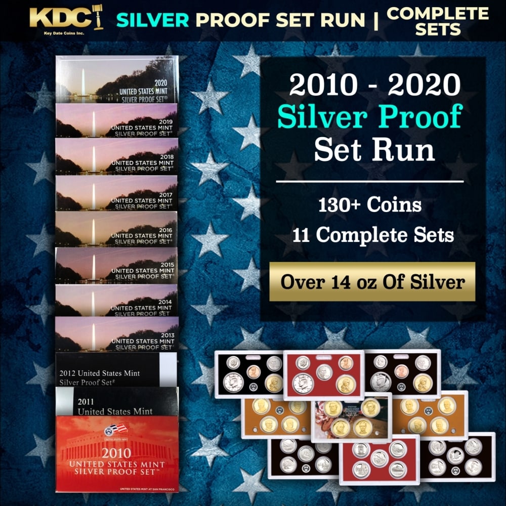 2010-2020 US Mint SILVER Proof Sets, 139 Coins Total, 11 Complete Sets Over 14oz Of Silver: 2010-2020 US Mint SILVER Proof Sets, 139 Coins Total, 11 Complete Sets Over 14oz Of Silver. 2009-2020 US Mint Silver Proof Sets, 157 Coins Total, 12 Complete Sets. The 2009 Silver Proof Set contained