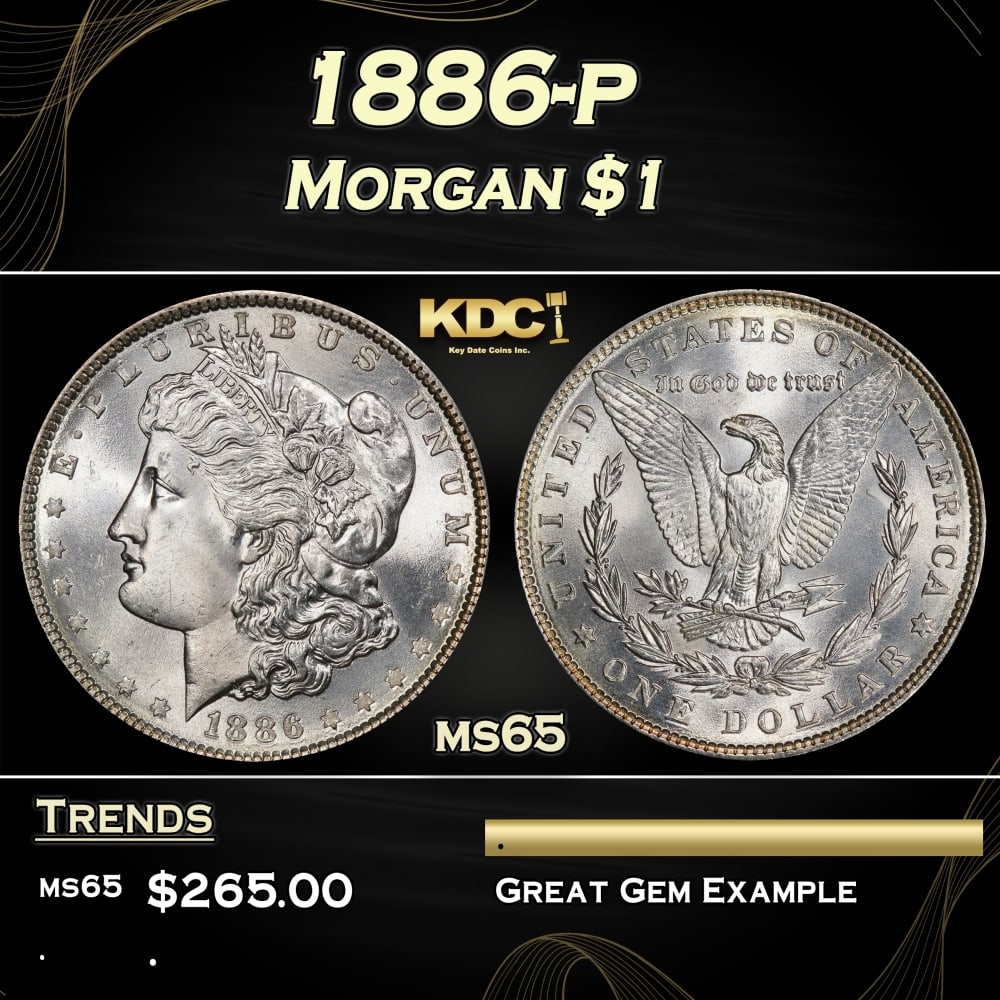 1886-p Morgan Dollar $1 Grades ms65: 1886-p Morgan Dollar $1 Grades ms65. 0 Historic precious metal trends is causing increased spot pricing by the day. On auctions with set openings, we are doing our best to have items priced at their m