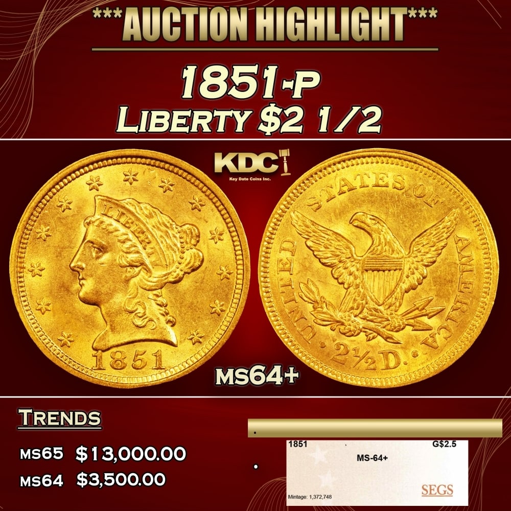 1851-p Gold Liberty Quarter Eagle $2 1/2 ms64+ SEGS (1 of 4)
