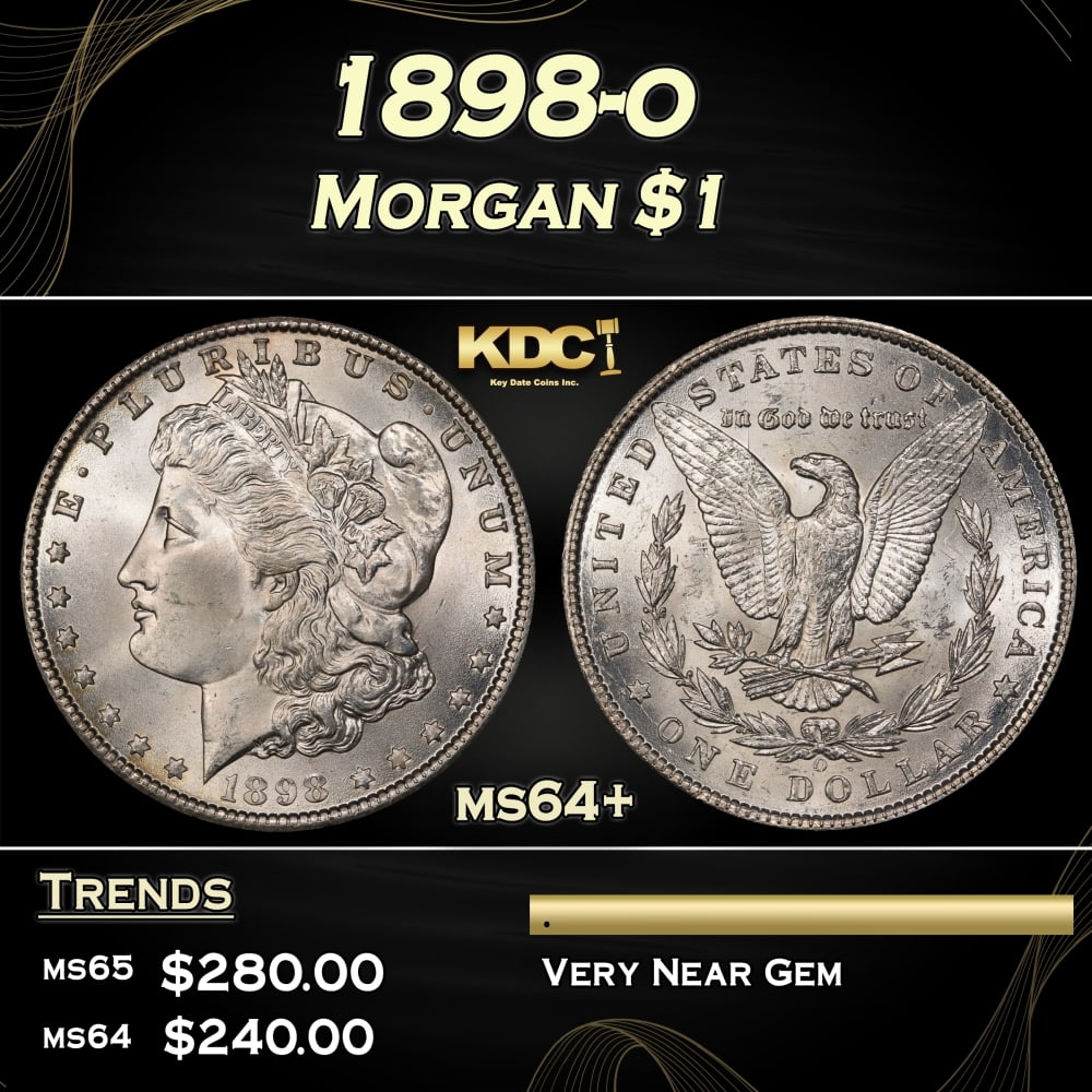 1898-o Morgan Dollar $1 Grades ms64+: 1898-o Morgan Dollar $1 Grades ms64+. Historic precious metal trends is causing increased spot pricing by the day. On auctions with set openings, we are doing our best to have items priced at their ma