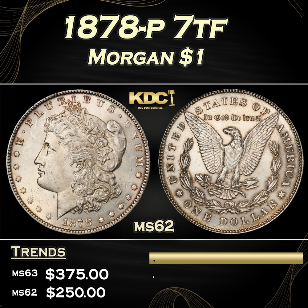 1878-p 7tf Morgan Dollar $1 Grades ms62: 1878-p 7tf Morgan Dollar $1 Grades ms62. 0 Historic precious metal trends is causing increased spot pricing by the day. On auctions with set openings, we are doing our best to have items priced at the