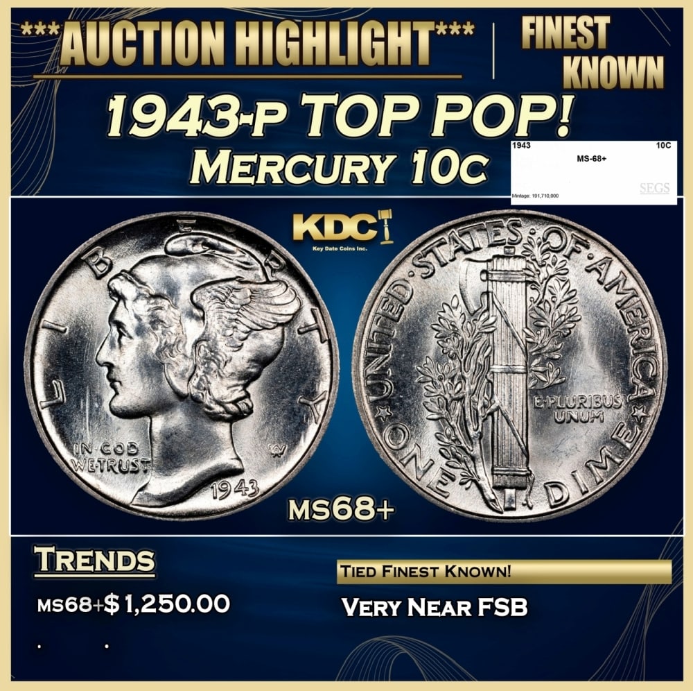 1943-p Mercury Dime TOP POP! 10c ms68+ SEGS: 1943-p TOP POP! Mercury Dime 10c ms68+ SEGS. 0 Historic precious metal trends is causing increased spot pricing by the day. On auctions with set openings, we are doing our best to have items priced at