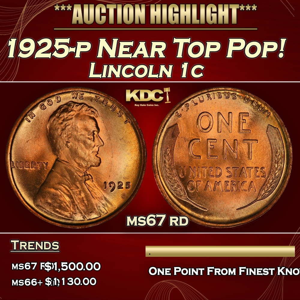 1925-p Lincoln Cent Near Top Pop! 1c ms67 rd SEGS: 1925-p Near Top Pop! Lincoln Cent 1c ms67 rd SEGS. 0 Historic precious metal trends is causing increased spot pricing by the day. On auctions with set openings, we are doing our best to have items pri