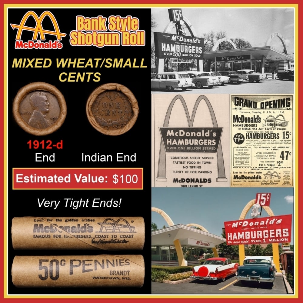 Lincoln Wheat Cent 1c Mixed Roll Orig Brandt McDonalds Wrapper, 1912-d end, Indian other end: Lincoln Wheat Cent 1c Mixed Roll Orig Brandt McDonalds Wrapper, 1912-d end, Indian other end. Lincoln Wheat Cent 1c mixed original Shotgun Roll. Actual roll pictured is the roll you will get. A great