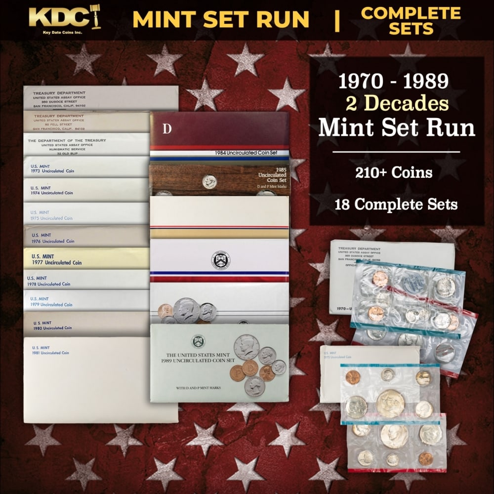 1970-1989 2 Decades Mint Set Run - 218 Coins, 18 Complete Sets Includes All Ike Years: 1970-1989 2 Decades Mint Set Run - 218 Coins, 18 Complete Sets Includes All Ike Years. 1970-1989 2 Decades Mint Set Run - 218 Coins, 18 Complete Sets. Includes All Ike $1 Years. No Mint Sets were issu