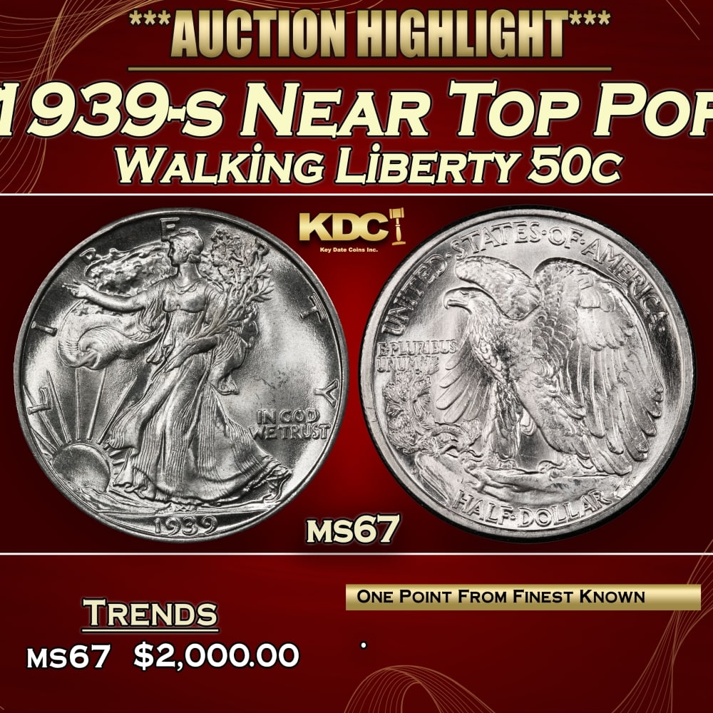 1939-s Walking Liberty Half Dollar Near Top Pop 50c ms67 SEGS: 1939-s Near Top Pop Walking Liberty Half Dollar 50c ms67 SEGS. 0 Historic precious metal trends is causing increased spot pricing by the day. On auctions with set openings, we are doing our best to ha