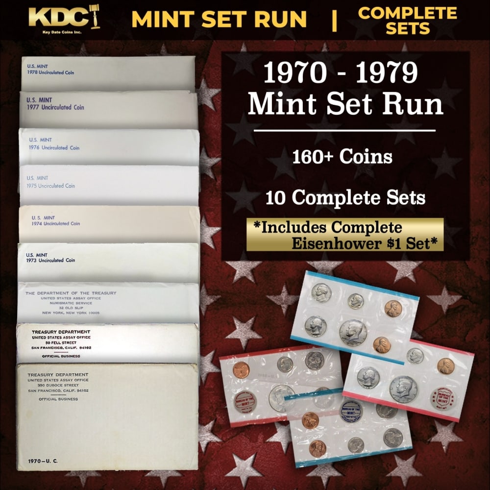 1970-1979 Mint Set Run 168 Coins 10 Complete Sets Complete Ike $1 Set: 1970-1979 Mint Set Run 168 Coins 10 Complete Sets Complete Ike $1 Set. Historic precious metal trends is causing increased spot pricing by the day. On auctions with set openings, we are doing our best