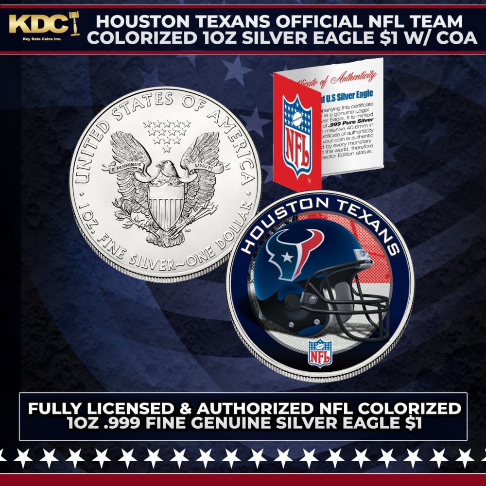 Houston Texans Official NFL Team Colorized 1oz Silver Eagle $1 w/ COA Other Toy: Houston Texans Official NFL Team Colorized 1oz Silver Eagle $1 w/ COA. This is your chance to own a fully licensed & authorized NFL colorized .999 Fine Silver Eagle $1 coin, beautifully enhanced with