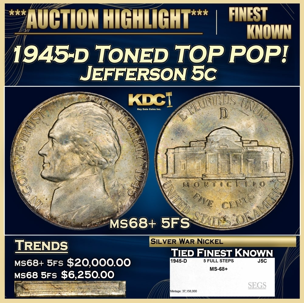 1945-d Jefferson Nickel Toned TOP POP! 5c ms68+ 5FS SEGS: 1945-d Toned TOP POP! Jefferson Nickel 5c ms68+ 5FS SEGS. 0 Historic precious metal trends is causing increased spot pricing by the day. On auctions with set openings, we are doing our best to have it