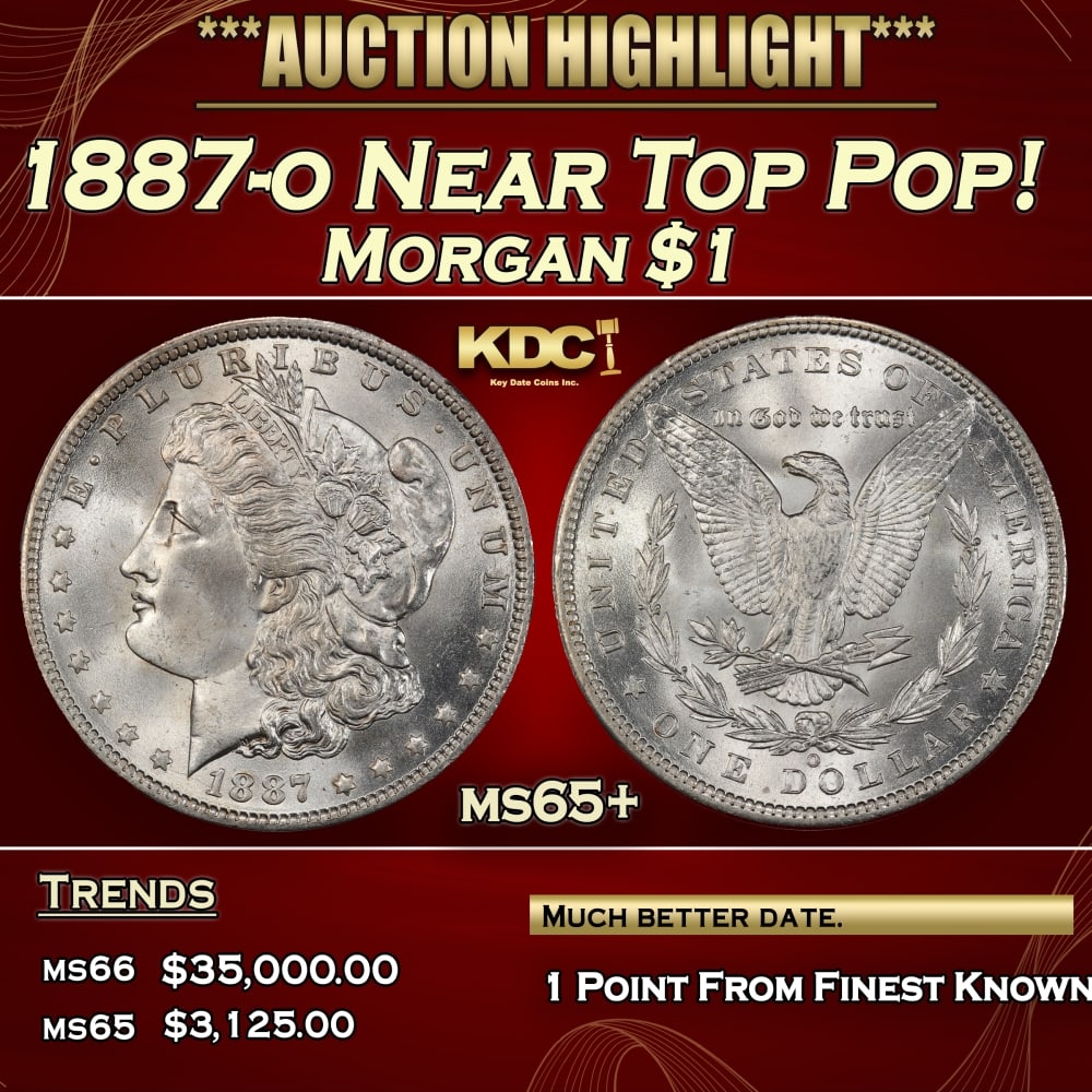 1887-o Morgan Dollar Near Top Pop! $1 ms65+ SEGS: 1887-o Near Top Pop! Morgan Dollar $1 ms65+ SEGS. Historic precious metal trends is causing increased spot pricing by the day. On auctions with set openings, we are doing our best to have items priced