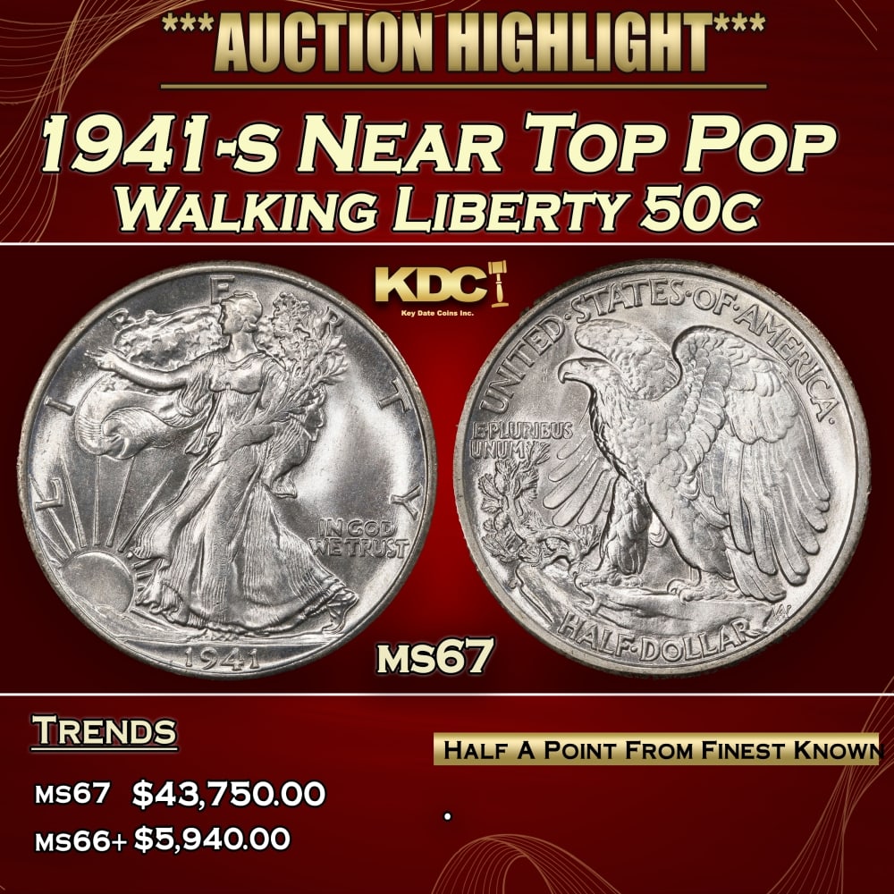 1941-s Walking Liberty Half Dollar Near Top Pop 50c ms67 SEGS: 1941-s Near Top Pop Walking Liberty Half Dollar 50c ms67 SEGS. 0 Historic precious metal trends is causing increased spot pricing by the day. On auctions with set openings, we are doing our best to ha