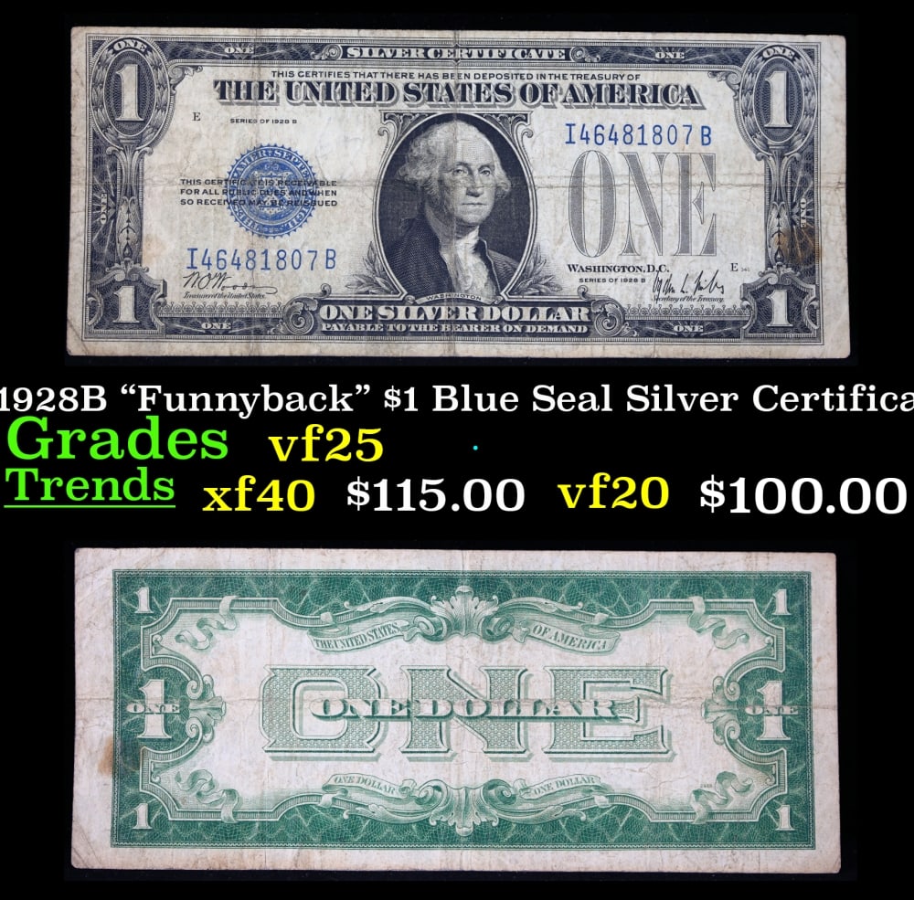 1928B $1 Blue Seal Silver Certificate "Funnyback" Grades vf+: 1928B $1 Blue Seal Silver Certificate "Funnyback" Grades vf+. FR-1602 Signatures Woods-Mills These were the first notes to be called funnybacks. The reason they are called funnybacks is because of the