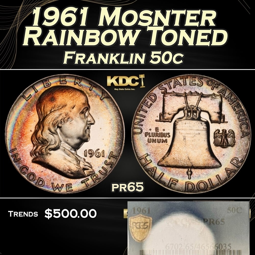 PCGS 1961 Proof Franklin Half Dollar Mosnter Rainbow Toned 50c pr65 PCGS: PCGS 1961 Mosnter Rainbow Toned Franklin Half Dollar 50c pr65 PCGS. 0 Historic precious metal trends is causing increased spot pricing by the day. On auctions with set openings, we are doing our best