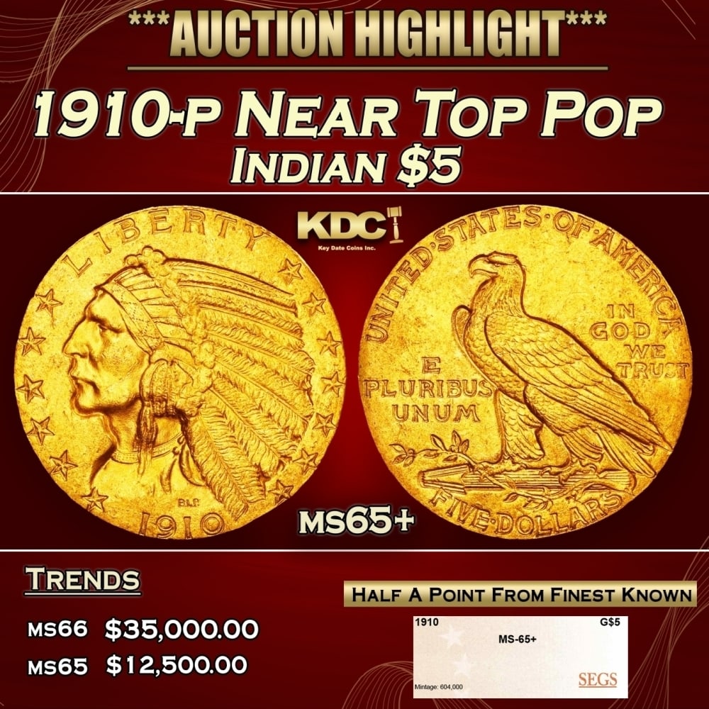 1910-p Gold Indian Half Eagle Near Top Pop $5 ms65+ SEGS: 1910-p Near Top Pop Gold Indian Half Eagle $5 ms65+ SEGS. 0 Historic precious metal trends is causing increased spot pricing by the day. On auctions with set openings, we are doing our best to have it