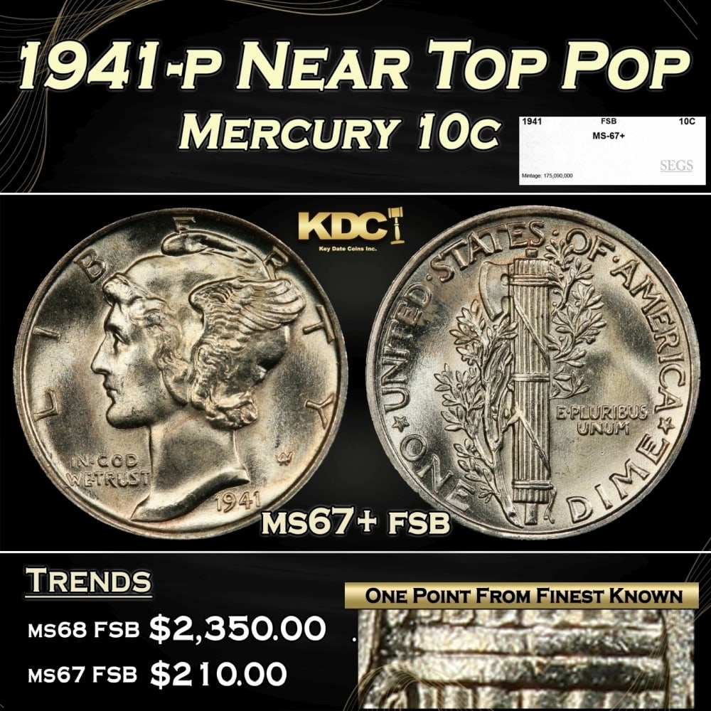 1941-p Mercury Dime Near Top Pop 10c ms67+ fsb SEGS: 1941-p Near Top Pop Mercury Dime 10c ms67+ fsb SEGS. 0 Historic precious metal trends is causing increased spot pricing by the day. On auctions with set openings, we are doing our best to have items p