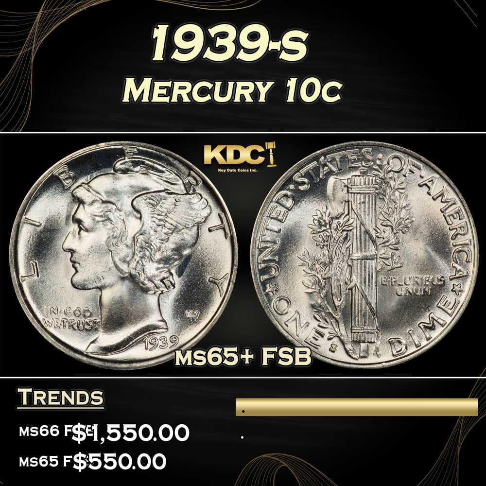 1939-s Mercury Dime 10c ms65+ FSB SEGS (1 of 3)