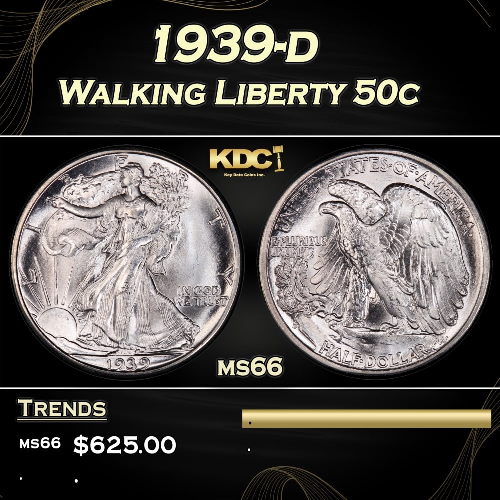 1939-d Walking Liberty Half Dollar 50c Grades ms66: 1939-d Walking Liberty Half Dollar 50c Grades ms66. 0 Historic precious metal trends is causing increased spot pricing by the day. On auctions with set openings, we are doing our best to have items pr