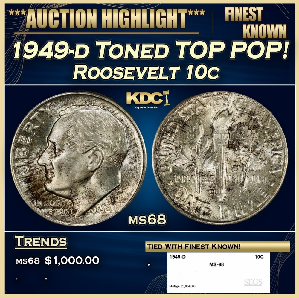 1949-d Roosevelt Dime Toned TOP POP! 10c ms68 SEGS: 1949-d Toned TOP POP! Roosevelt Dime 10c ms68 SEGS. 0 Historic precious metal trends is causing increased spot pricing by the day. On auctions with set openings, we are doing our best to have items pr