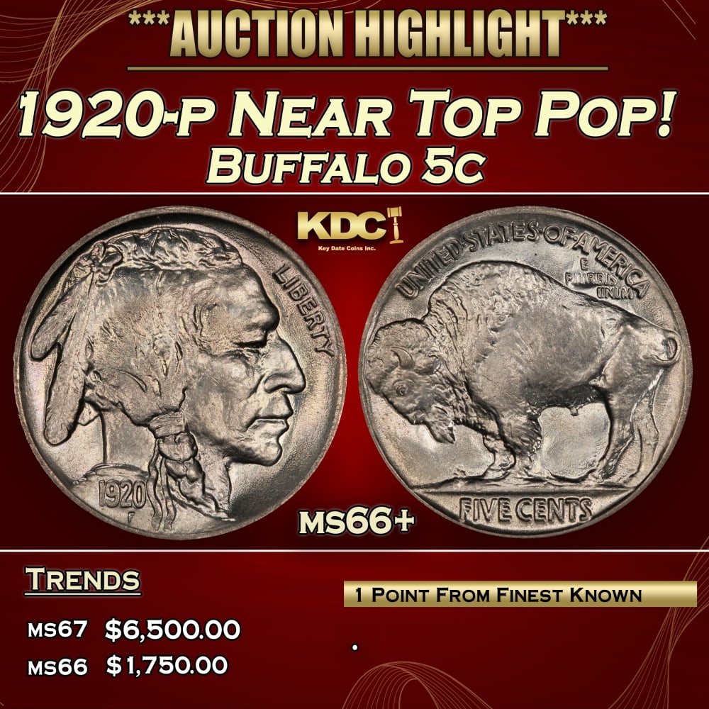 1920-p Buffalo Nickel Near Top Pop! 5c ms66+ SEGS: 1920-p Near Top Pop! Buffalo Nickel 5c ms66+ SEGS. 0 Historic precious metal trends is causing increased spot pricing by the day. On auctions with set openings, we are doing our best to have items pri